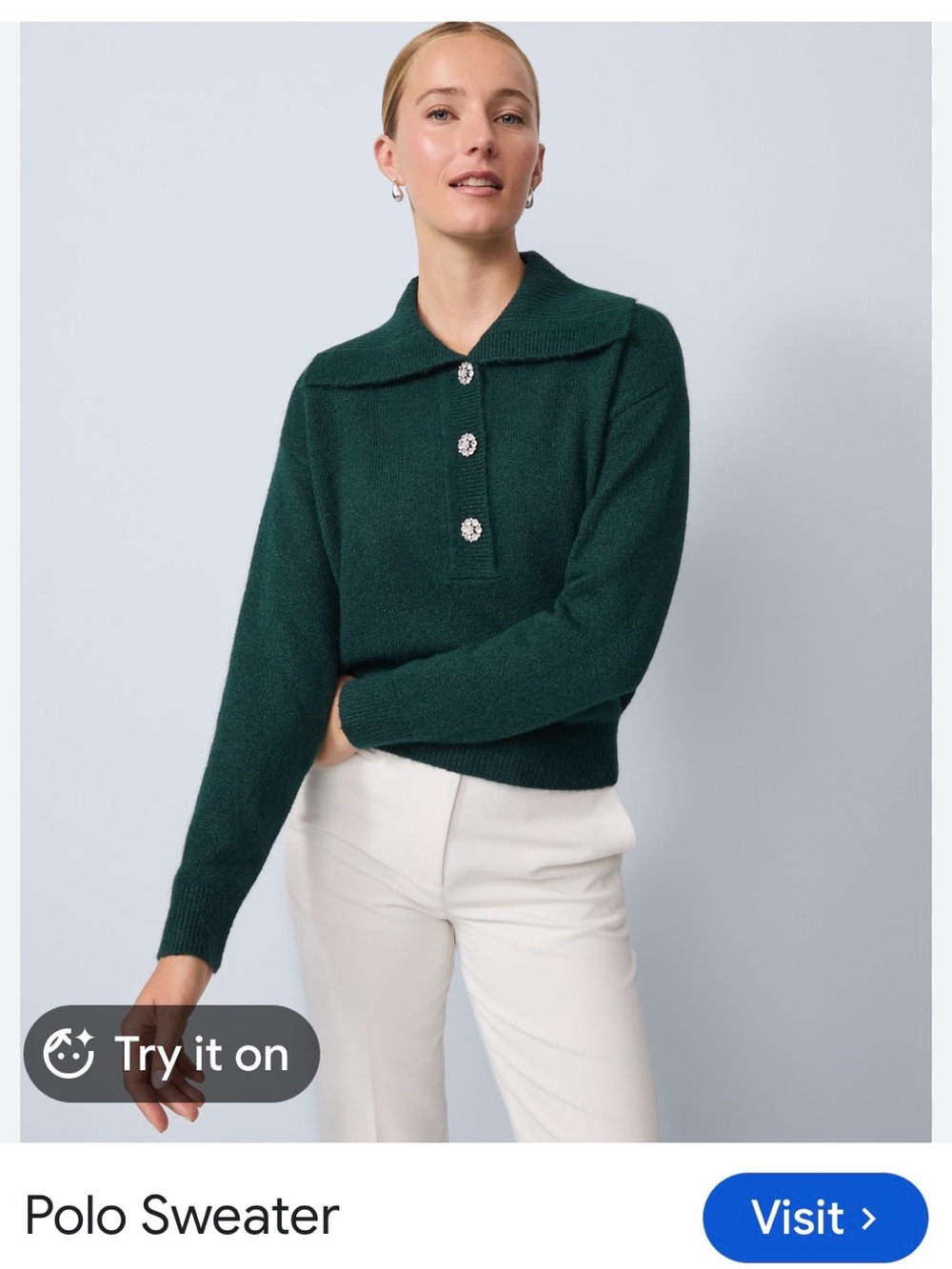 Ann Taylor Dark Green Polo Sweater with Decorative Buttons